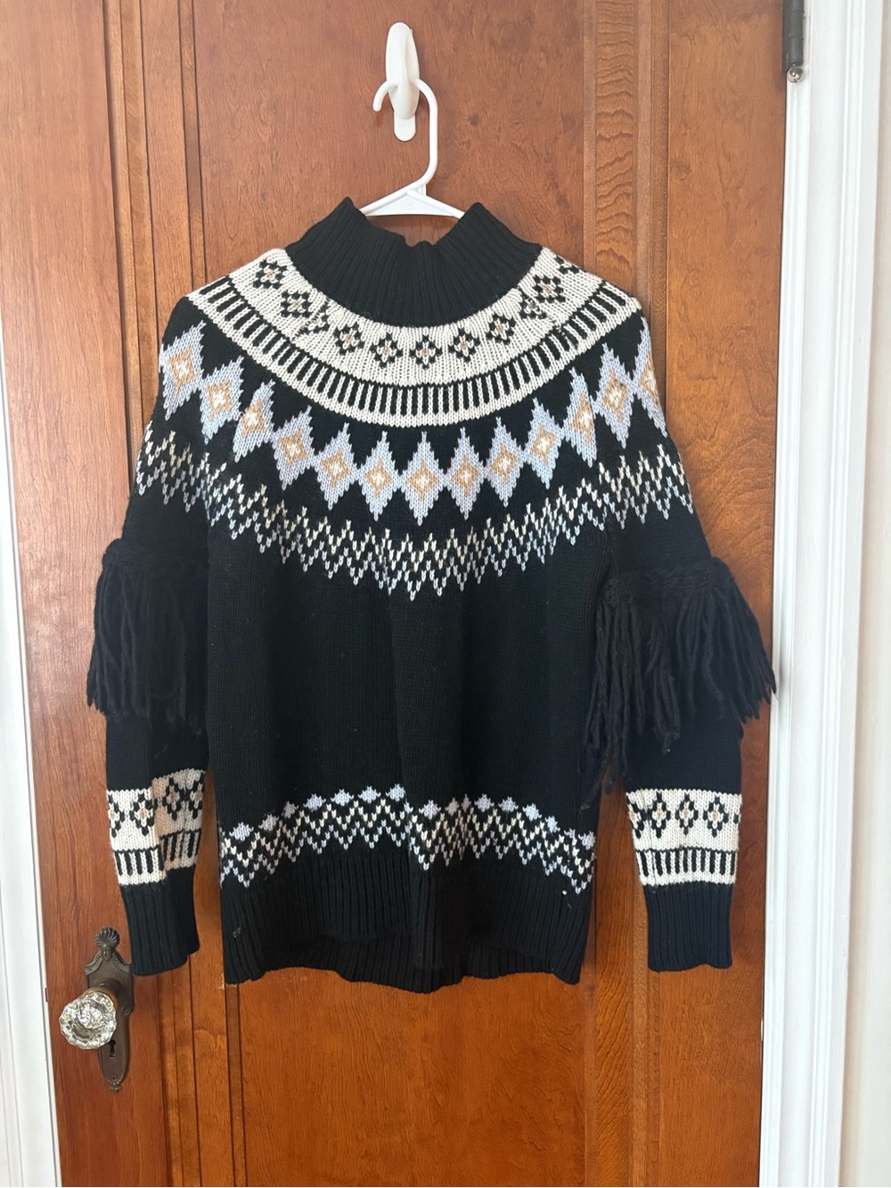 Pearl Black Fair Isle Fringe Turtleneck Sweater - medium